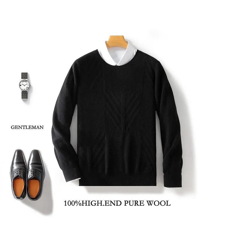 Men's round neck solid colour jacquard sweater in loose fit, long sleeves, seven colours, S-XXXL