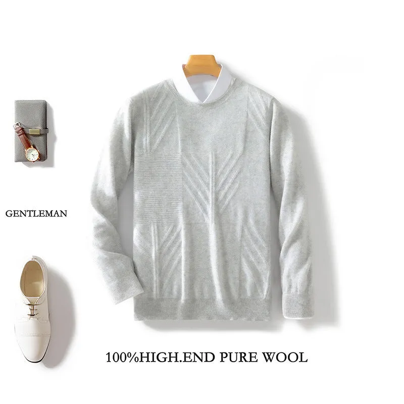 Men's round neck solid colour jacquard sweater in loose fit, long sleeves, seven colours, S-XXXL