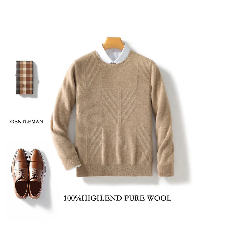 Men's round neck solid colour jacquard sweater in loose fit, long sleeves, seven colours, S-XXXL