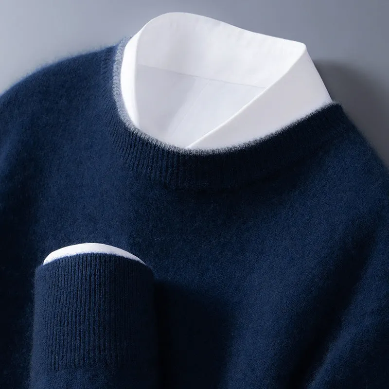 Men's loose-fit woolen pullover in dark grey, pullover style, standard wool yarn, conventional sleeves