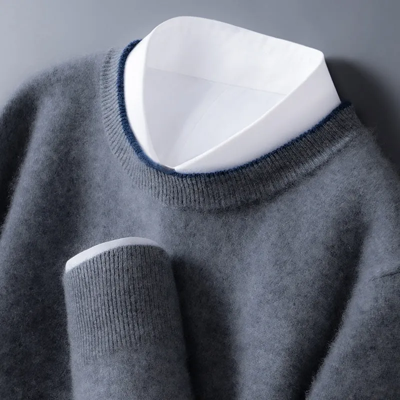 Men's loose-fit woolen pullover in dark grey, pullover style, standard wool yarn, conventional sleeves
