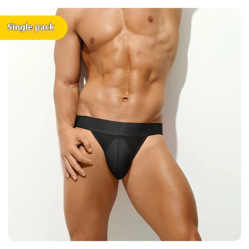 Men's pure colour translucent low waist sports underwear T-back in sky blue on a white background