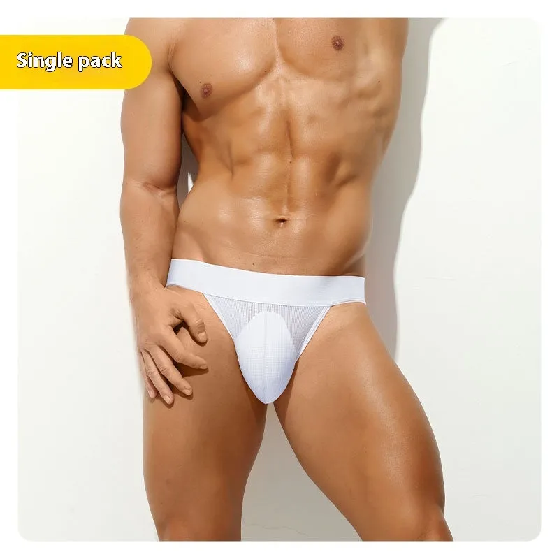 Men's pure colour translucent low waist sports underwear T-back in sky blue on a white background