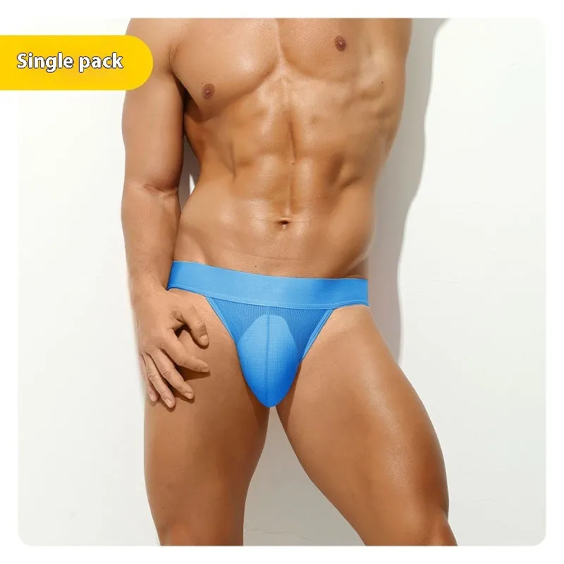 Men's pure colour translucent low waist sports underwear T-back in sky blue on a white background