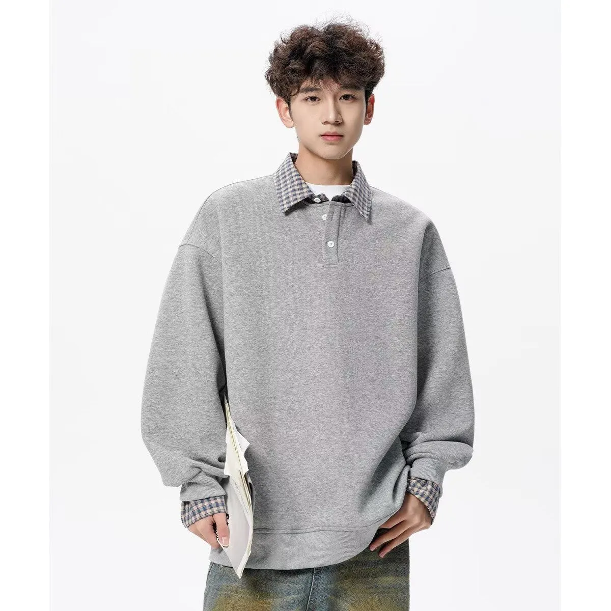 Retro Hong Kong style women's fake two piece half cardigan loose fit sweater in black