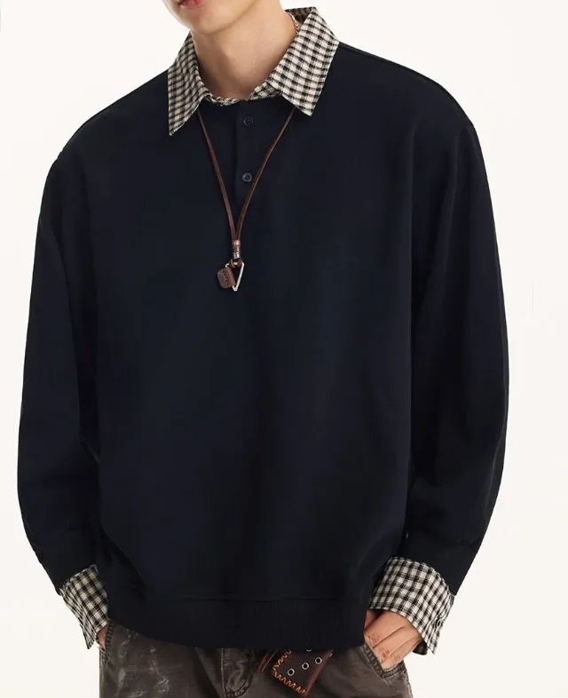 Retro Hong Kong style women's fake two piece half cardigan loose fit sweater in black