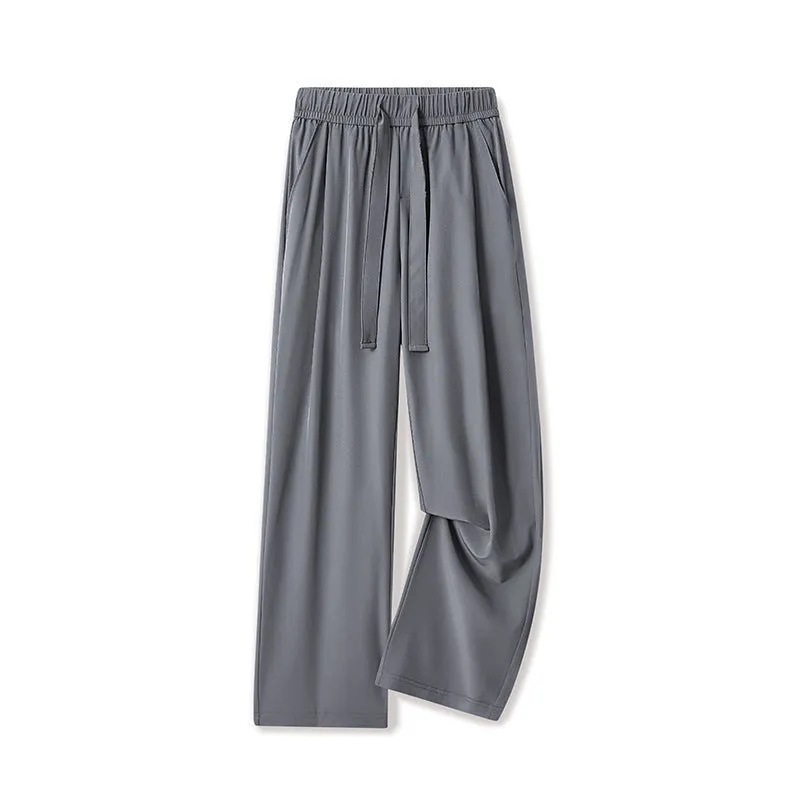 Men's quick-drying loose straight wide-leg casual trousers in black, polyester blend, drawstring waist