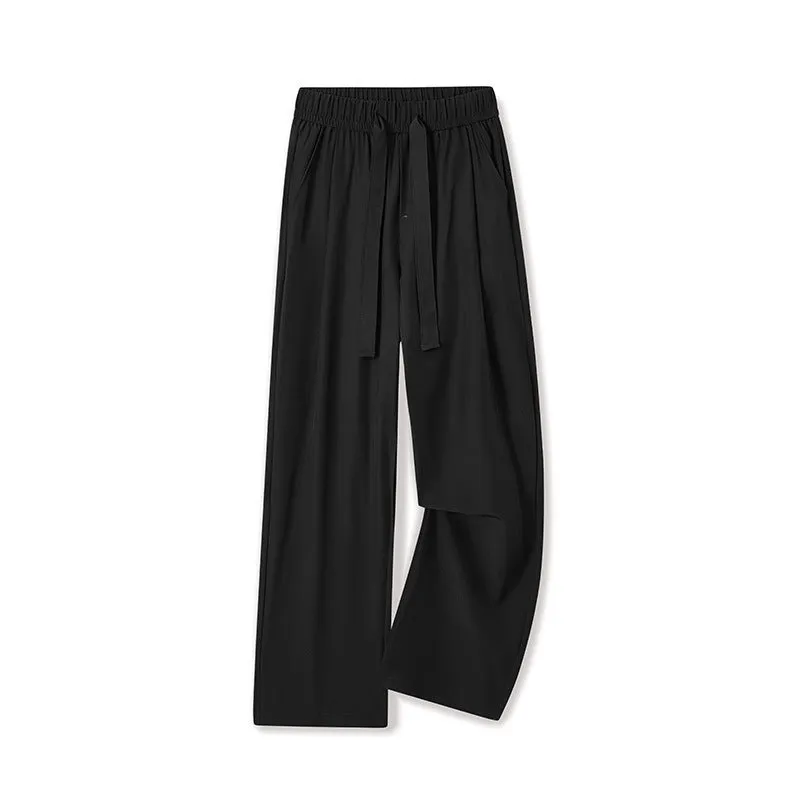 Men's quick-drying loose straight wide-leg casual trousers in black, polyester blend, drawstring waist