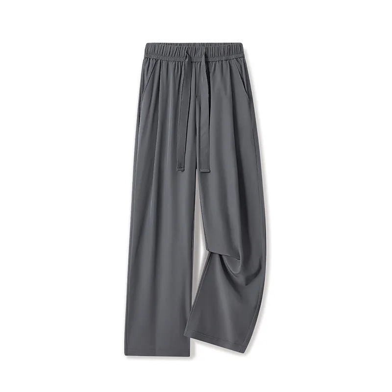 Men's quick-drying loose straight wide-leg casual trousers in black, polyester blend, drawstring waist