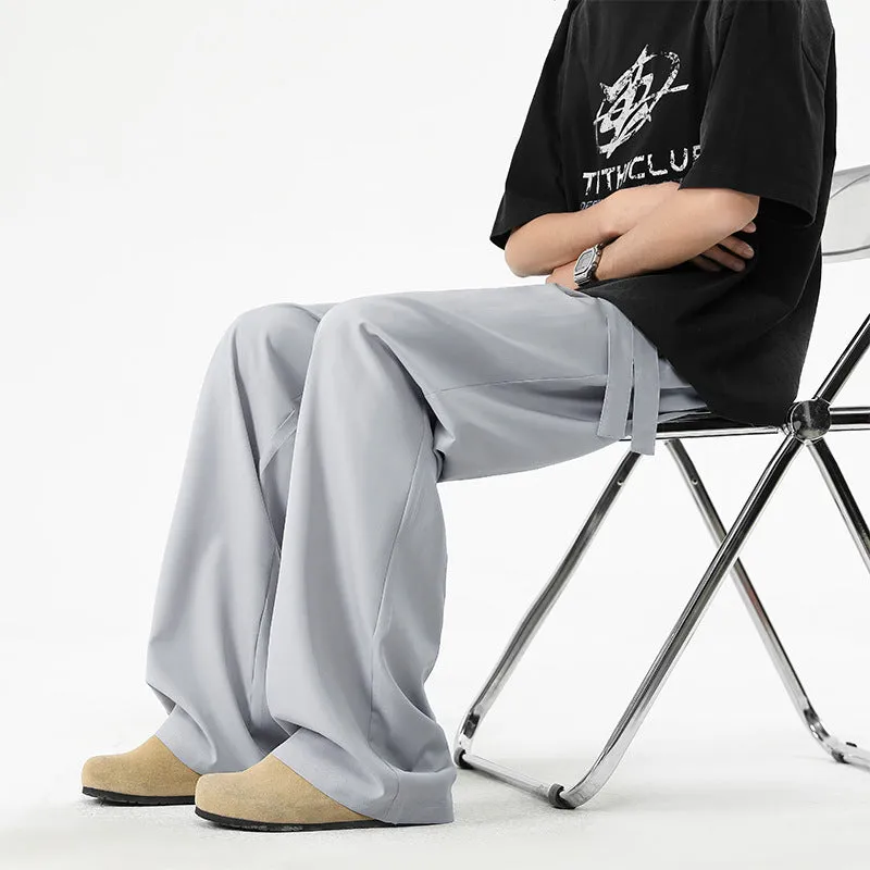 Men's quick-drying loose straight wide-leg casual trousers in black, polyester blend, drawstring waist