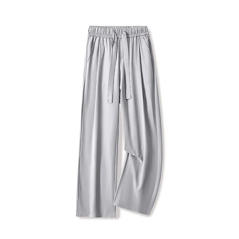 Men's quick-drying loose straight wide-leg casual trousers in black, polyester blend, drawstring waist