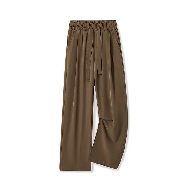 Men's quick-drying loose straight wide-leg casual trousers in black, polyester blend, drawstring waist