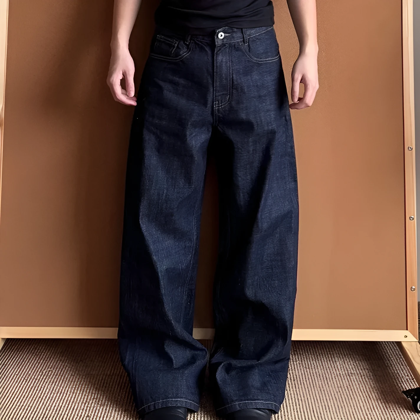 Men's loose straight-leg wide-leg dark blue jeans with mid-waist zip fly, polyester blend, sizes S to 3XL