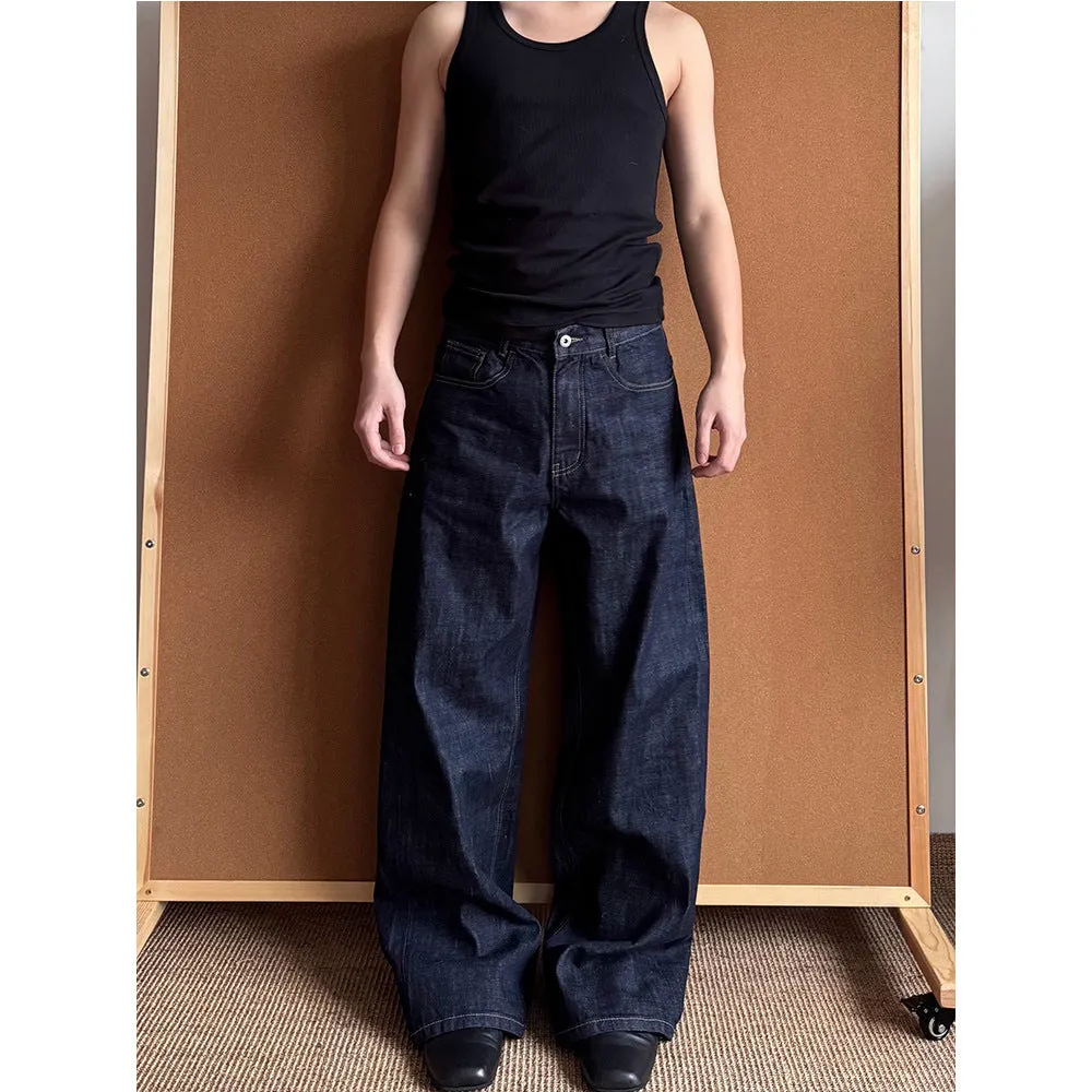 Men's loose straight-leg wide-leg dark blue jeans with mid-waist zip fly, polyester blend, sizes S to 3XL