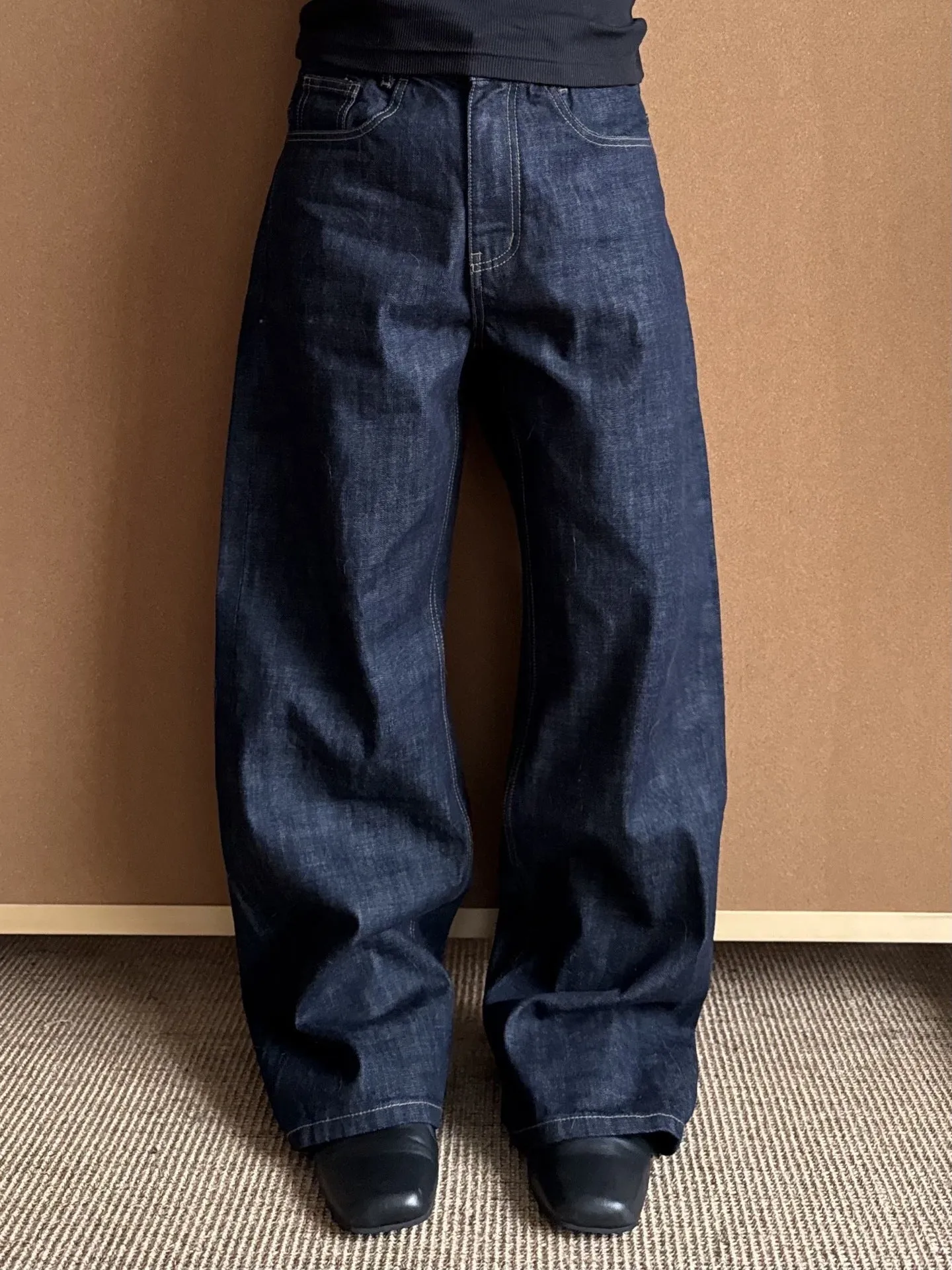 Men's loose straight-leg wide-leg dark blue jeans with mid-waist zip fly, polyester blend, sizes S to 3XL