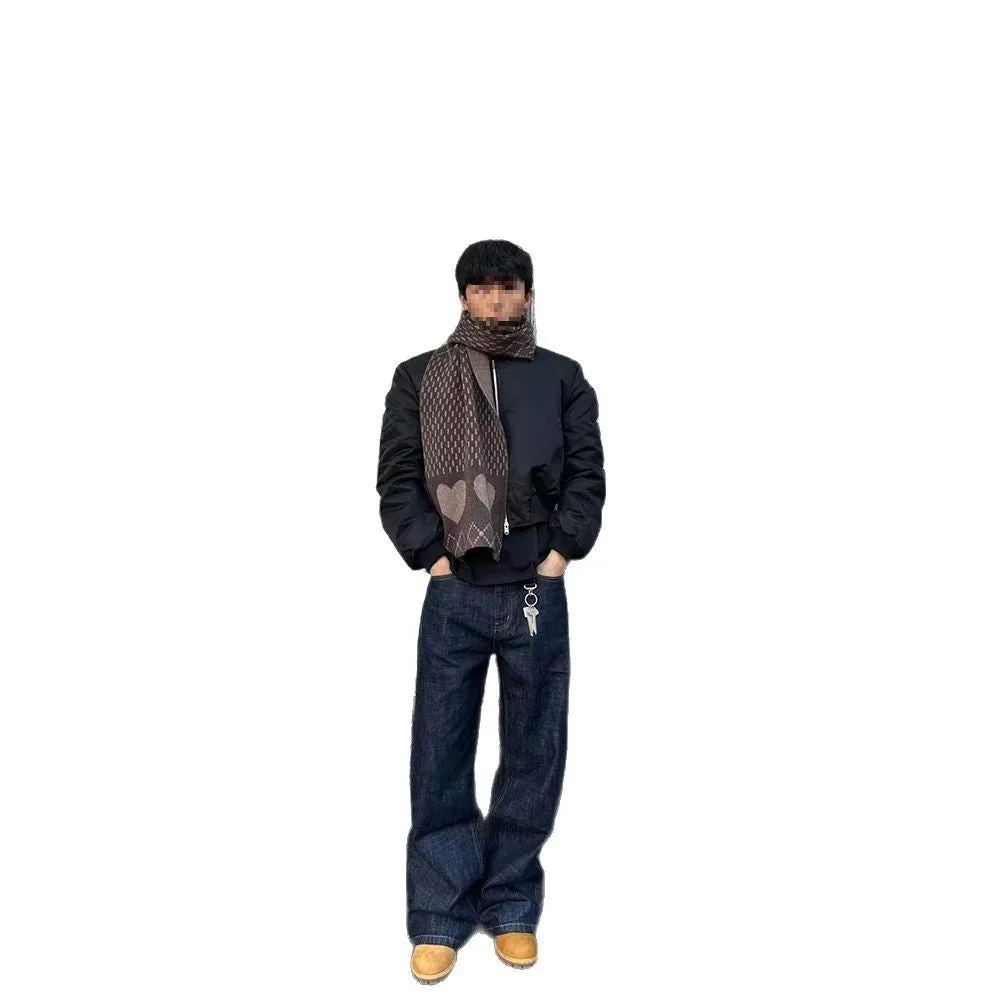 Men's loose straight-leg wide-leg dark blue jeans with mid-waist zip fly, polyester blend, sizes S to 3XL