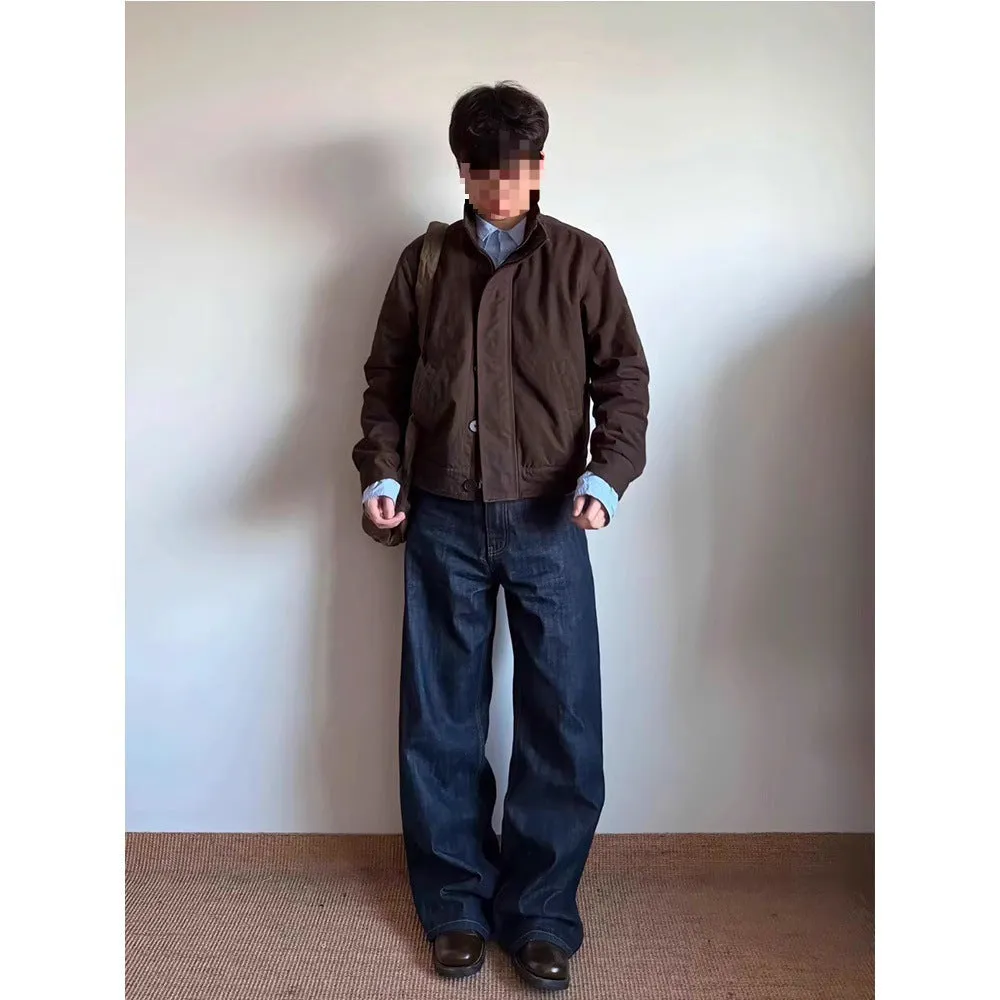 Men's loose straight-leg wide-leg dark blue jeans with mid-waist zip fly, polyester blend, sizes S to 3XL