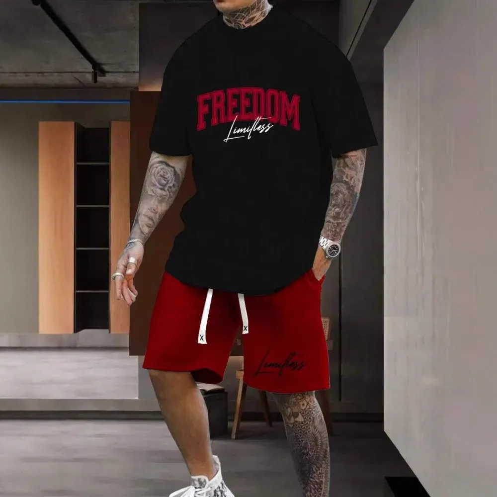 Men's grey 3D printed letter short sleeve top and matching shorts sportswear set laid flat.