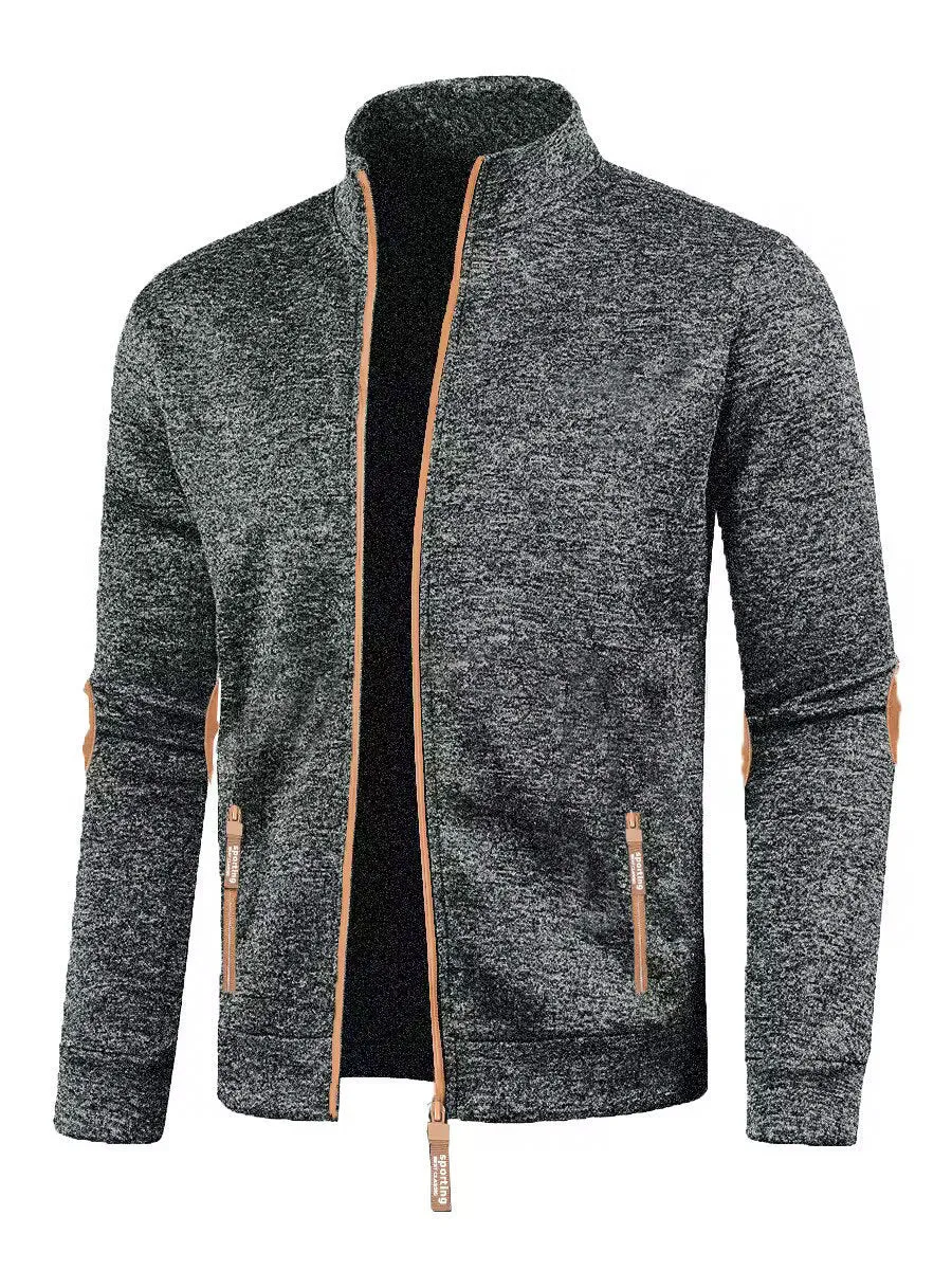 Men's long zipper light fleece cardigan coat in black, plus size, loose fit, long sleeves