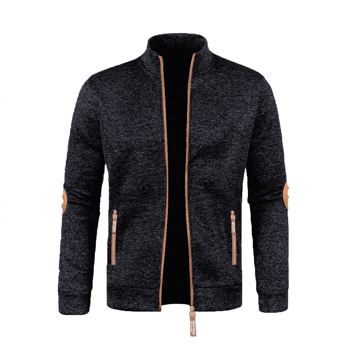 Men's long zipper light fleece cardigan coat in black, plus size, loose fit, long sleeves