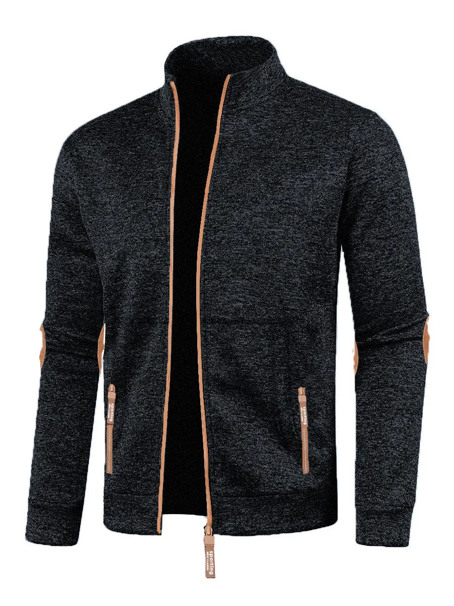 Men's long zipper light fleece cardigan coat in black, plus size, loose fit, long sleeves