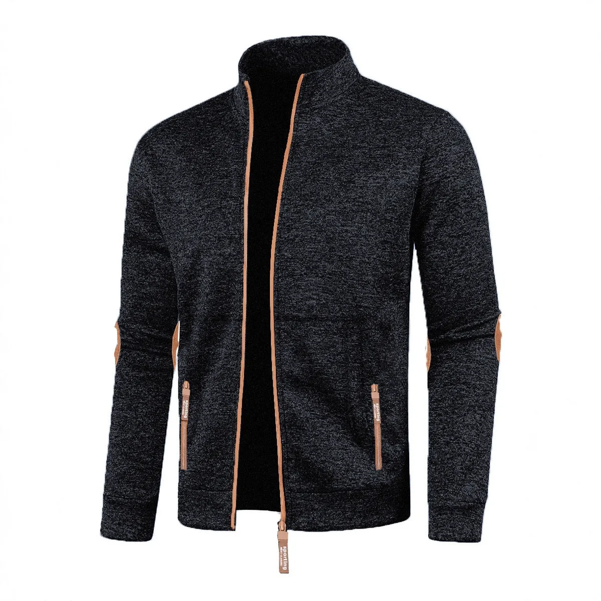Men's long zipper light fleece cardigan coat in black, plus size, loose fit, long sleeves