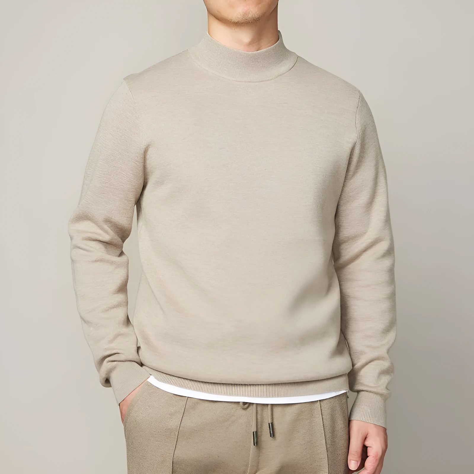 Autumn winter mock neck sweater men's undershirt loose fit Vinylon camel colour long sleeve