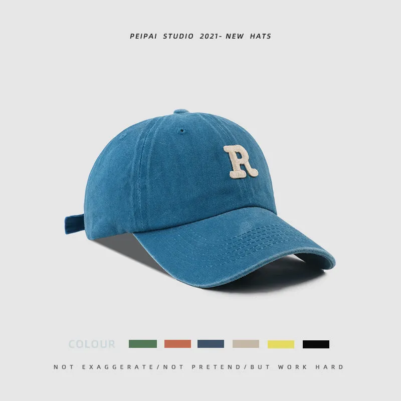 Washed Letter R stick ball cap in cotton, dome crown, size L, available in 13 colours for sun protection