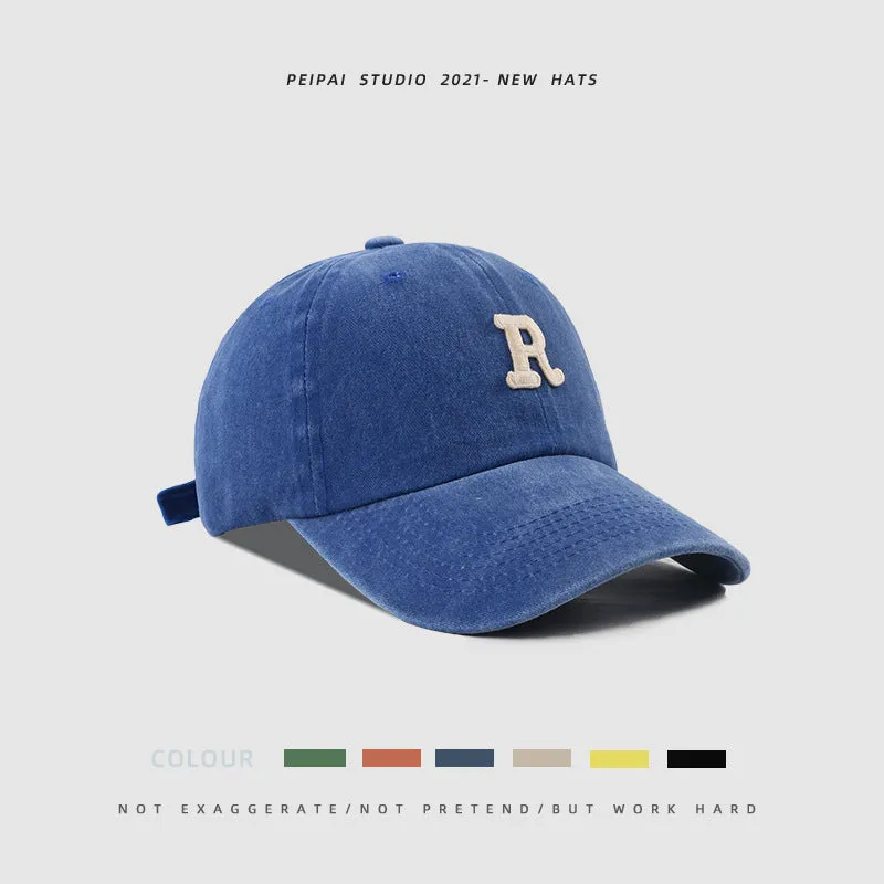 Washed Letter R stick ball cap in cotton, dome crown, size L, available in 13 colours for sun protection