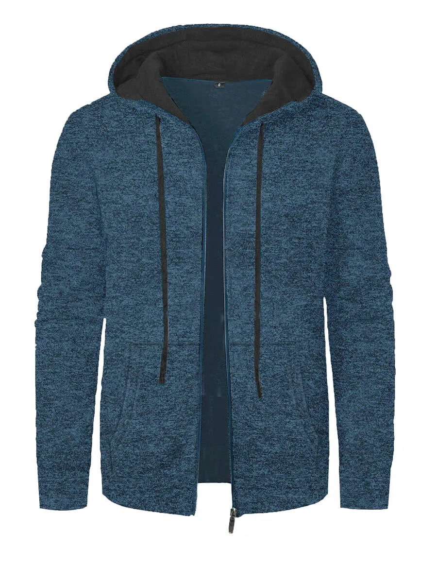Men's loose fit polyester hooded cardigan coat in solid colour, long sleeves, casual sports style