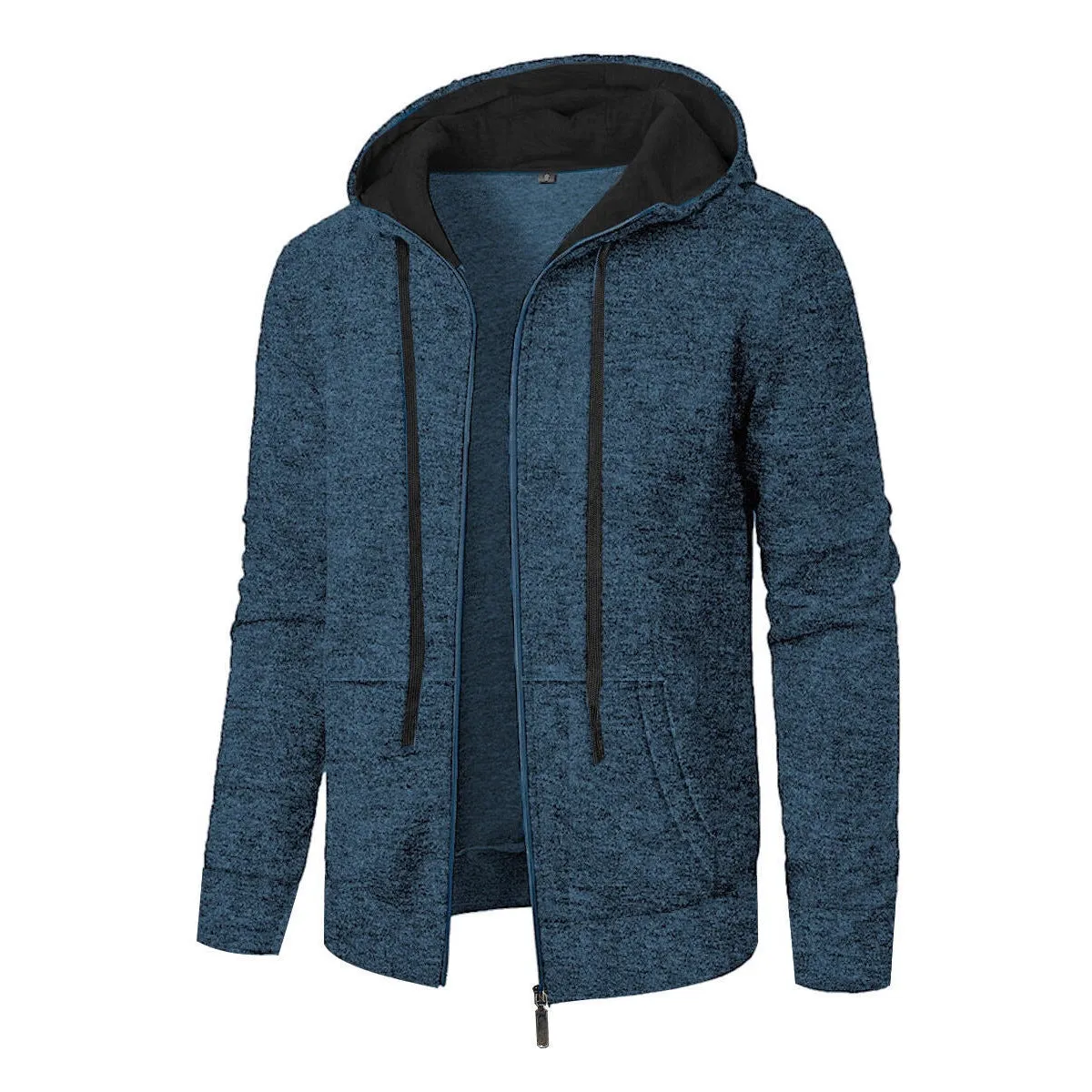 Men's loose fit polyester hooded cardigan coat in solid colour, long sleeves, casual sports style