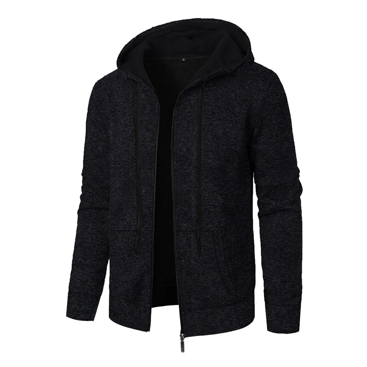Men's loose fit polyester hooded cardigan coat in solid colour, long sleeves, casual sports style