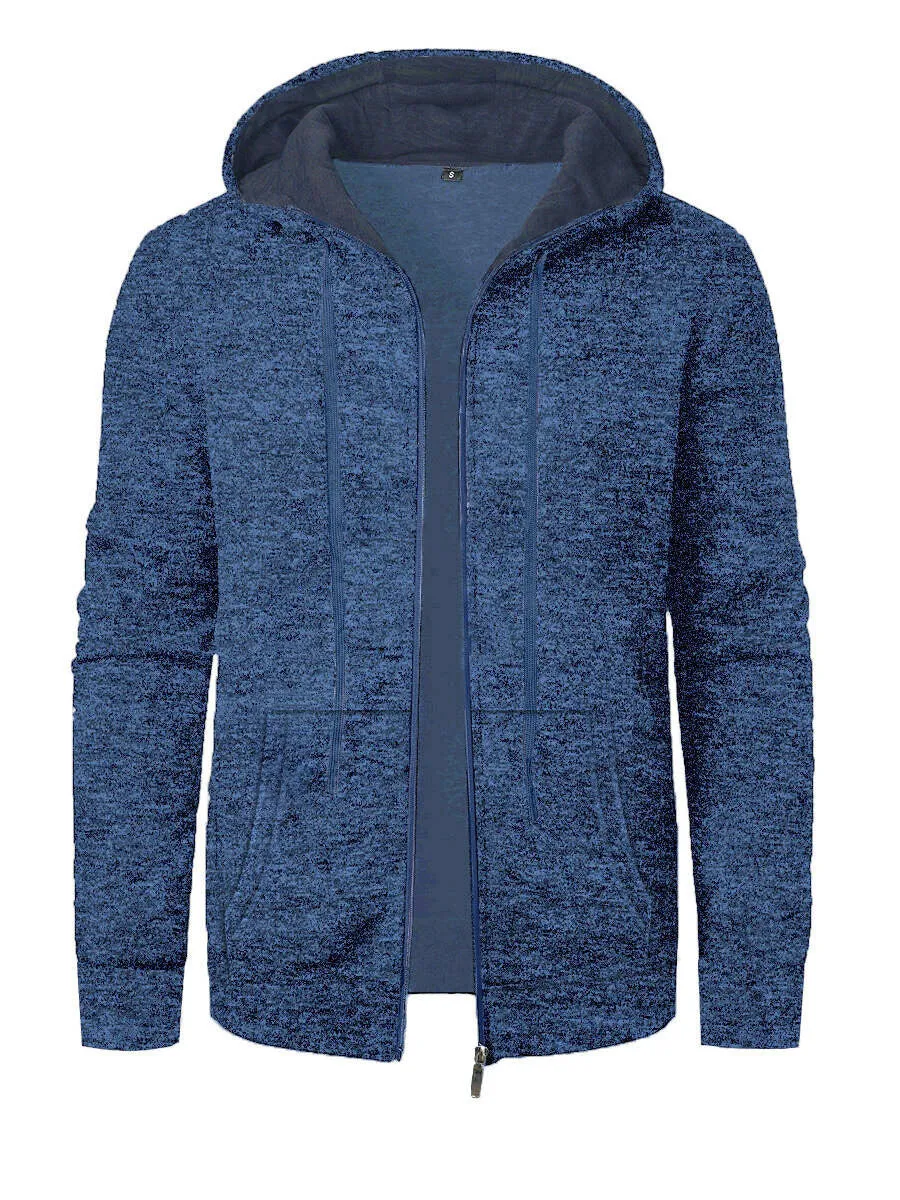Men's loose fit polyester hooded cardigan coat in solid colour, long sleeves, casual sports style