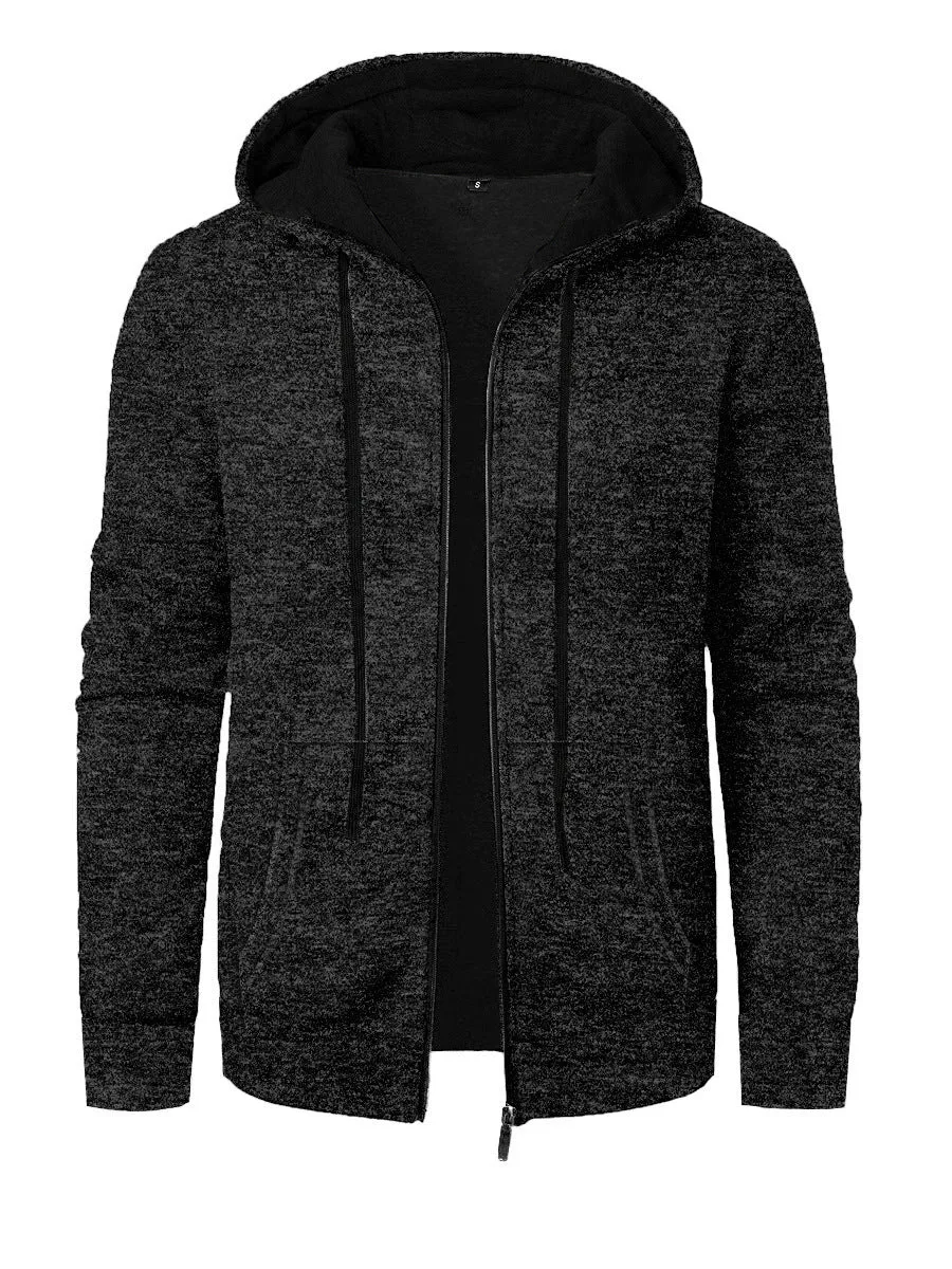 Men's loose fit polyester hooded cardigan coat in solid colour, long sleeves, casual sports style