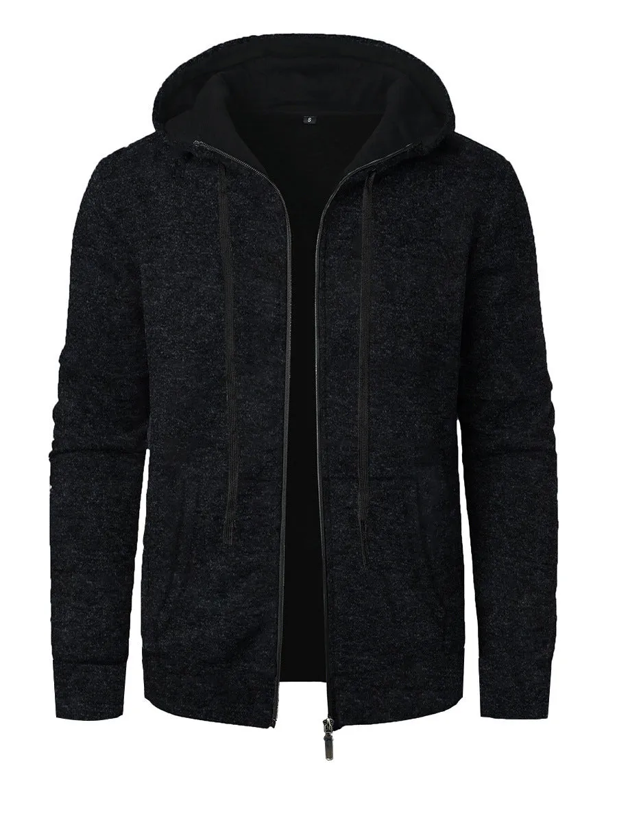 Men's loose fit polyester hooded cardigan coat in solid colour, long sleeves, casual sports style
