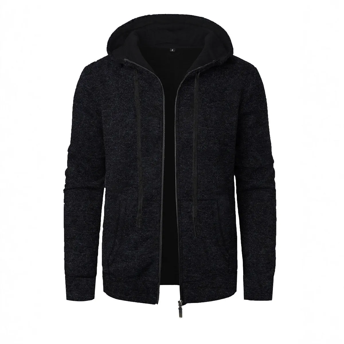 Men's loose fit polyester hooded cardigan coat in solid colour, long sleeves, casual sports style