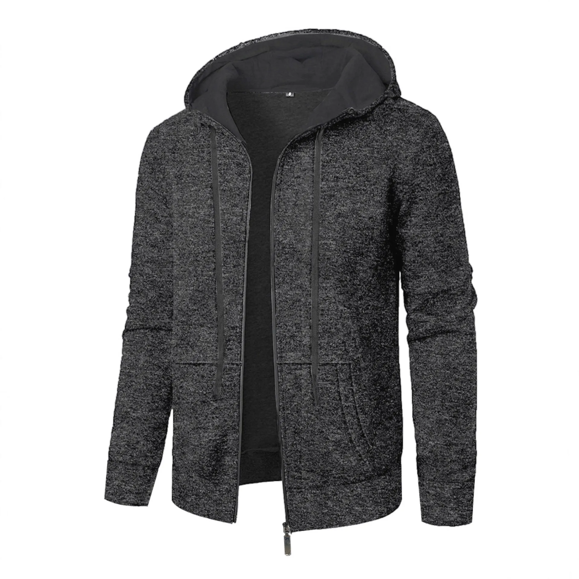 Men's loose fit polyester hooded cardigan coat in solid colour, long sleeves, casual sports style