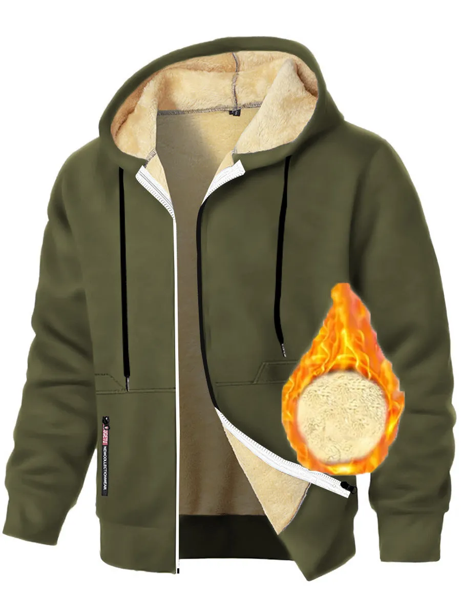 Men's cashmere hoodie thickened zipper coat cardigan in army green, hooded, long sleeves, autumn leisure wear