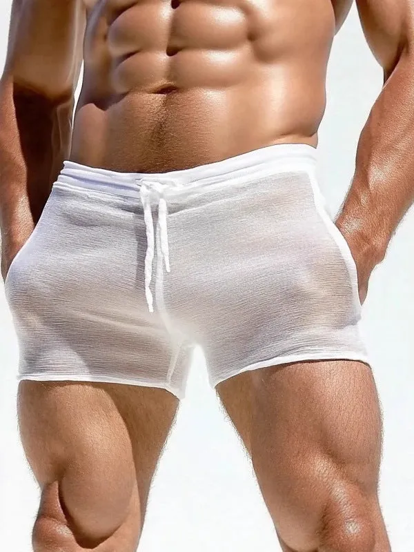 Plus size men's white sexy lacing fitness shorts with high elasticity polyester fabric