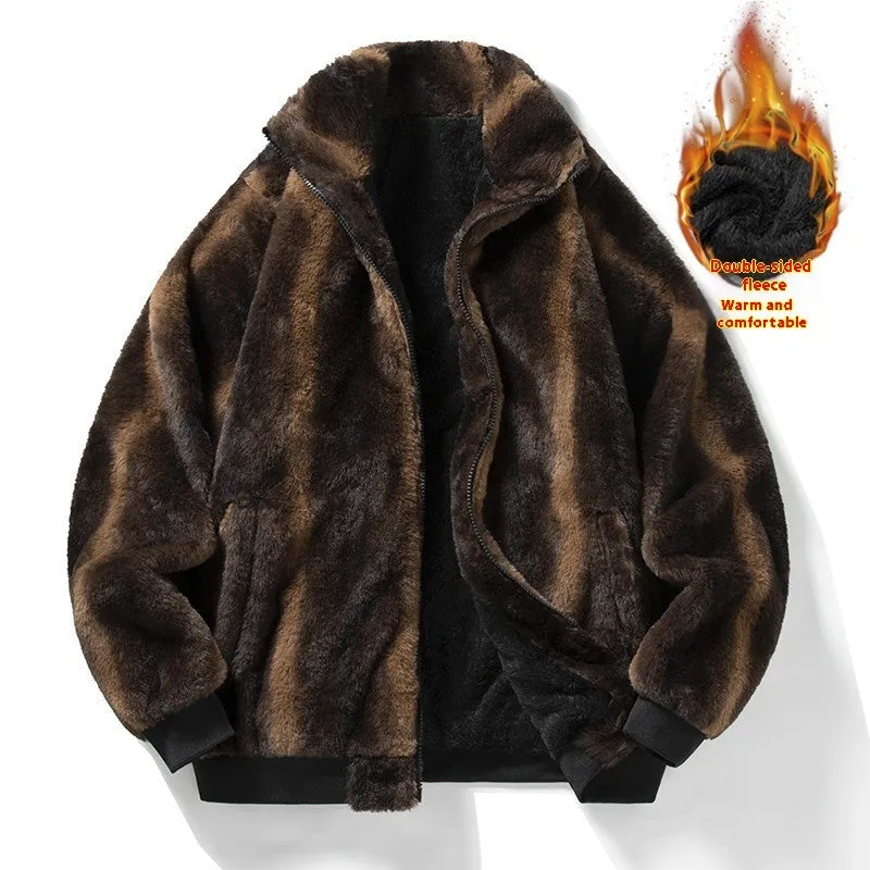 Men's velvet hooded stand collar jacket in black, Korean style long sleeve casual outerwear