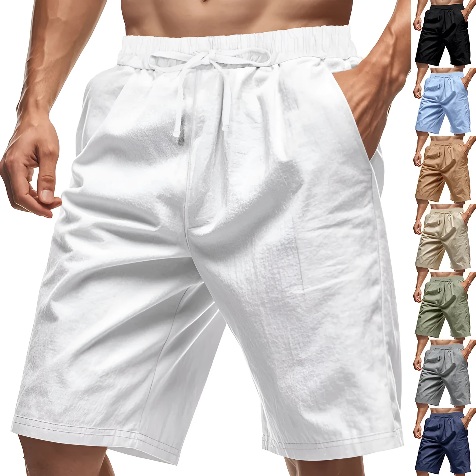Men's linen beach shorts in solid colour, loose casual straight-leg five length, elasticated waist, summer