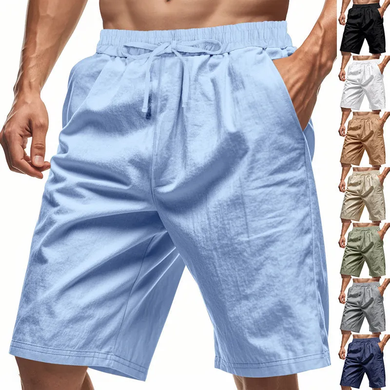 Men's linen beach shorts in solid colour, loose casual straight-leg five length, elasticated waist, summer