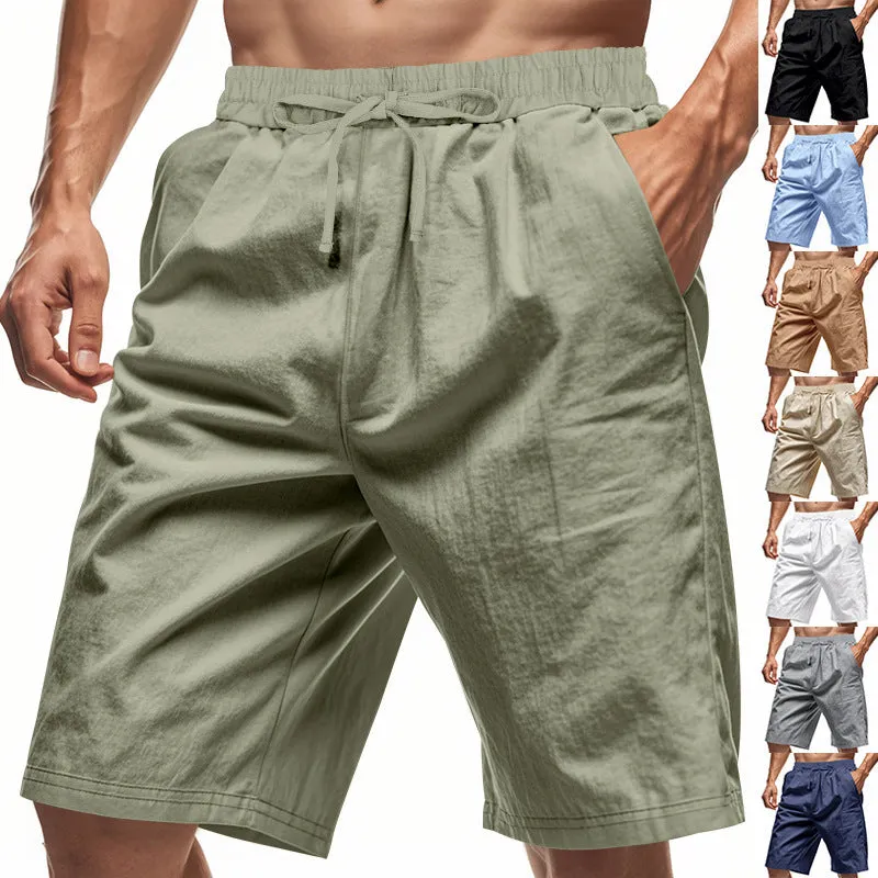 Men's linen beach shorts in solid colour, loose casual straight-leg five length, elasticated waist, summer