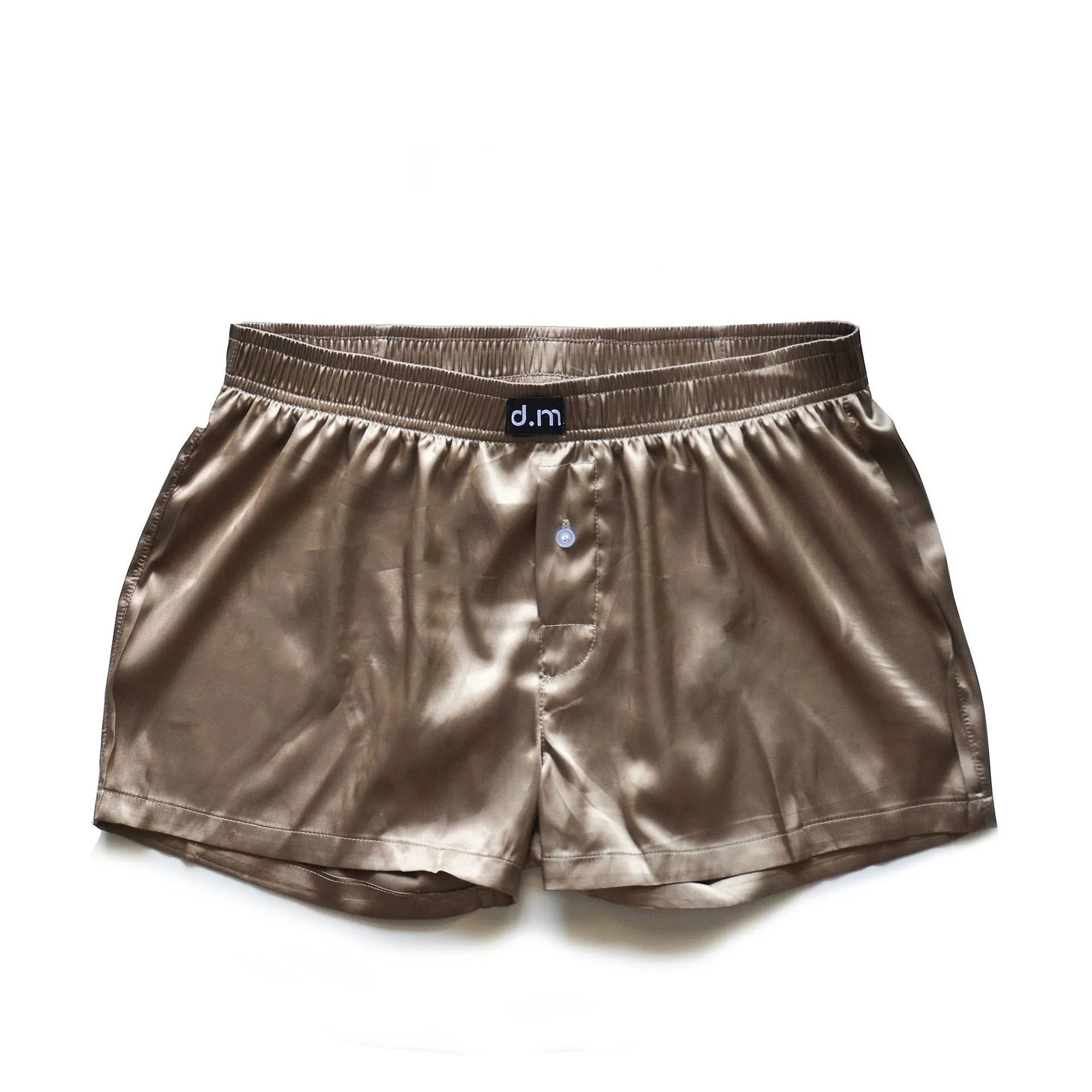 Men's low waist silky polyester boxer pajama shorts in black brown, front view on model