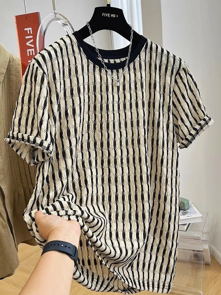 Men's black striped casual short sleeve shirt in loose fit linen-silk blend fabric