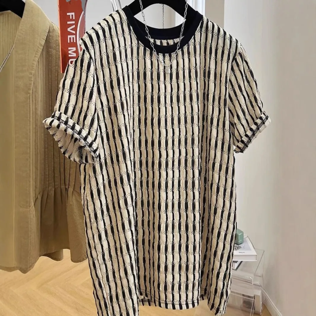 Men's black striped casual short sleeve shirt in loose fit linen-silk blend fabric