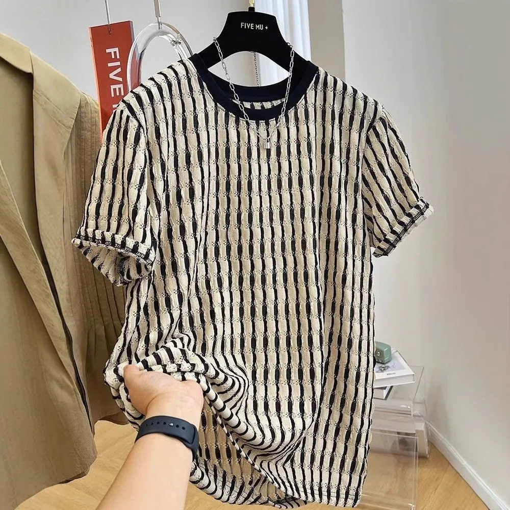 Men's black striped casual short sleeve shirt in loose fit linen-silk blend fabric