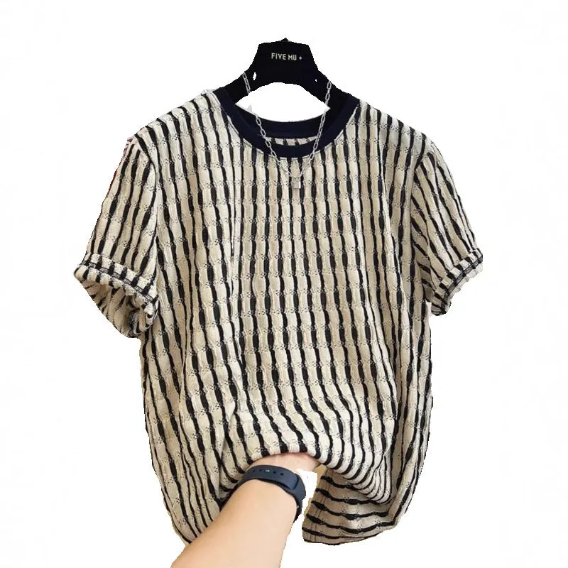 Men's black striped casual short sleeve shirt in loose fit linen-silk blend fabric