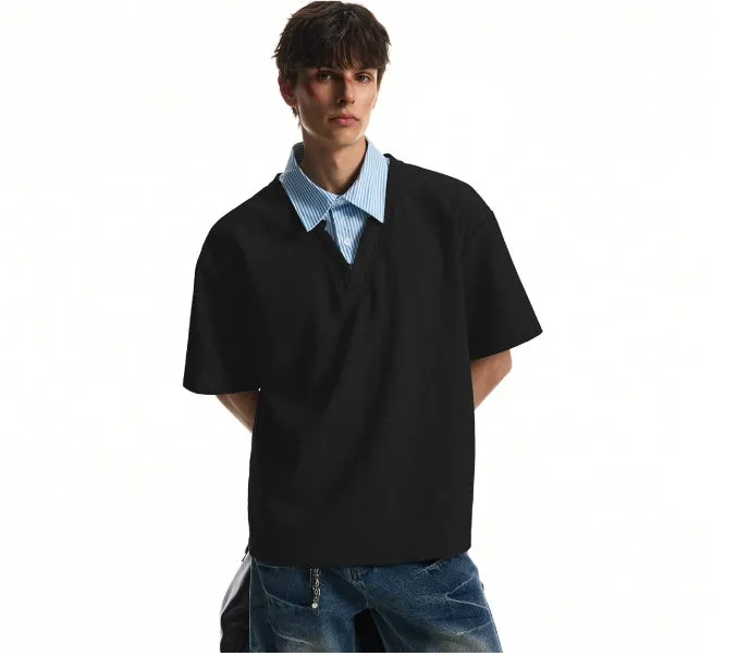 Men's niche design fake two-piece short sleeve T-shirt in black with stitching detail, loose fit