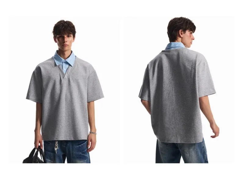 Men's niche design fake two-piece short sleeve T-shirt in black with stitching detail, loose fit